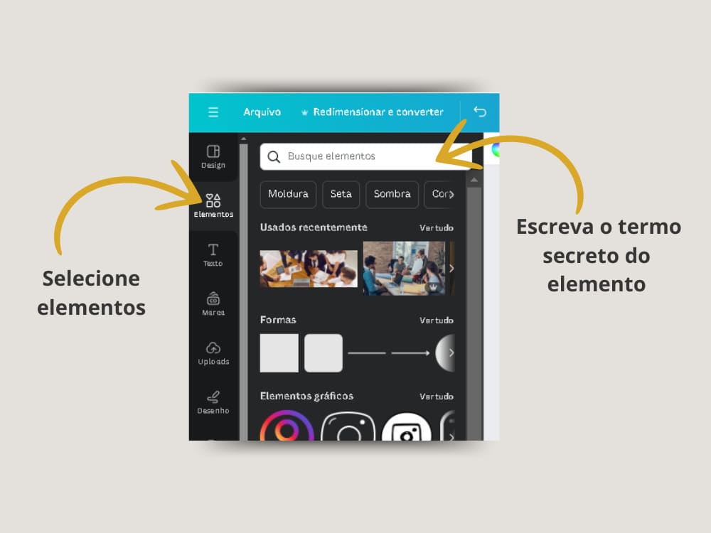 Tutorial de como buscar os elementos secretos no Canva